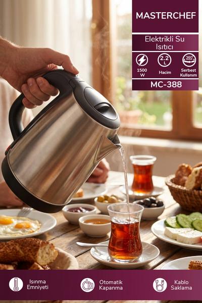 Masterchef MC-388 Su Isıtıcı Kettle l 1500W 2.2L Paslanmaz Çelik & Otomatik Kapanma & 360 Kablosuz Kullanım