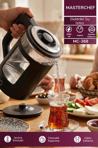Masterchef MC-368 Cam Su Isıtıcı Kettle | 1500W & 1.8L Paslanmaz Çelik & Otomatik Kapanma&360 Kablosuz Kullanım