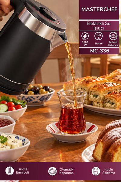 MC-336 Elektrikli Su Isıtıcı l 1500W 1.8L Paslanmaz Çelik & Otomatik Kapanma & 360 Kablosuz Kullanım