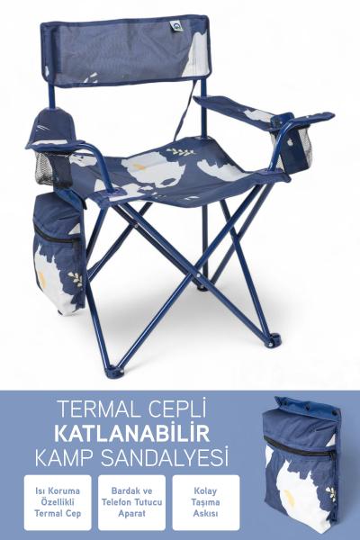 Perilla Qufi Termal Cepli Katlanır Telefon Tutma Aparatlı Kamp Piknik Sandalyesi Rejisör Koltuğu - Mavi