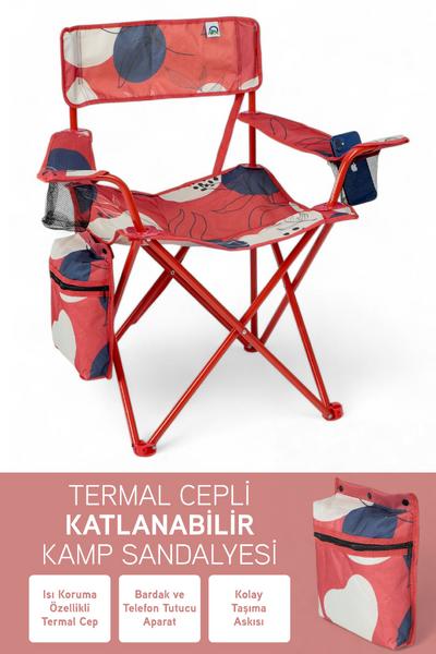 Perilla Qufi Termal Cepli Katlanır Telefon Tutma Aparatlı Kamp Piknik Sandalyesi Rejisör Koltuğu - Kırmızı