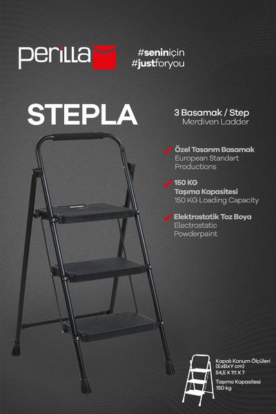 Perilla Stepla Katlanır Çelik Merdiven 3 Basamaklı Siyah – Ev & Ofis Kullanımı