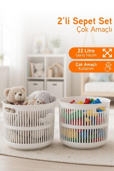 Solara 2\'li Dekoratif  Çok Amaçlı Sepet Çamaşır Sepeti Oyuncak Sepeti 44 Litre - Beyaz