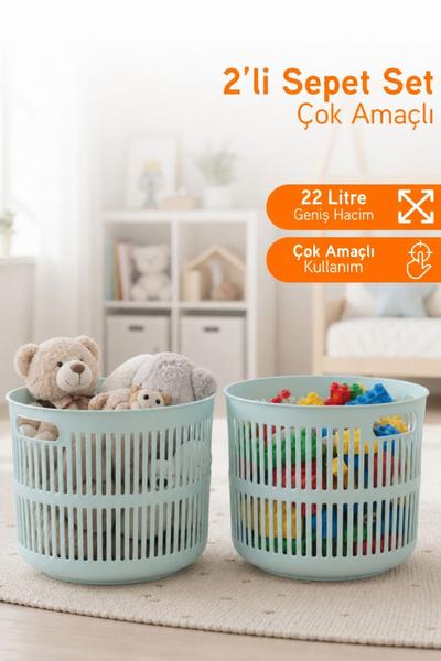 Solara 2\'li Dekoratif  Çok Amaçlı Sepet Çamaşır Sepeti Oyuncak Sepeti 44 Litre - Yeşil