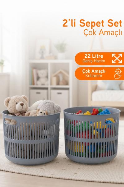 Solara 2\'li Dekoratif  Çok Amaçlı Sepet Çamaşır Sepeti Oyuncak Sepeti 44 Litre - Gri