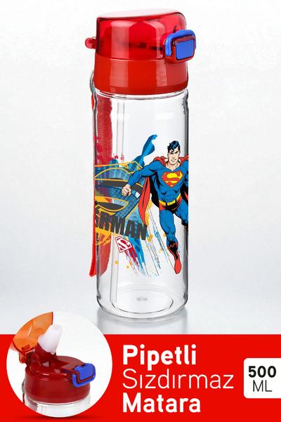 Tuffex Süperman Kilitli Kapaklı Sızdırmaz Pipetli Lisanslı Çocuk Suluk Matara 500 ml