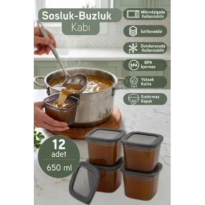 12\'li Sızdırmaz Kapaklı 650 ml Sosluk Buzluk Kabı Et Tavuk Suyu Ezme Kışlık Hazırlık Kabı Antrasit