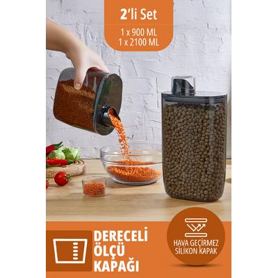 2 Adet Silikon Kapaklı Ölçülü Bakliyat Baharat Deterjan Saklama Kabı Kutusu 900-2100 Ml Antrasit