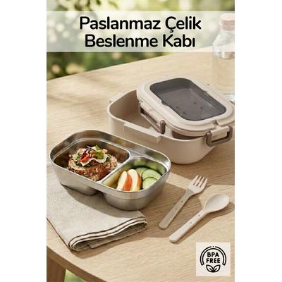 2 Bölmeli Kaşık Çatallı Paslanmaz Çelik Yemek Kabı Lunch Box Sefer Tası Beslenme Kabı Latte