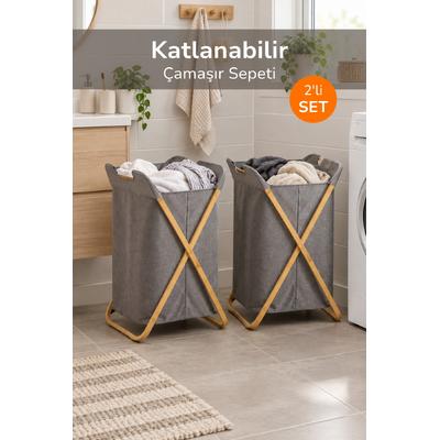 2li Bambu Katlanabilir Kirli Temiz Çamaşır Sepeti Oyuncak Sepeti Çok Amaçlı Düzenleyici Sepet