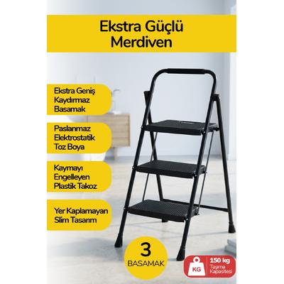 İronika 3 Basamaklı Katlanır Metal Merdiven Sağlam Gövde Dekoratif Geniş Basamaklı Ev & İş Merdiveni