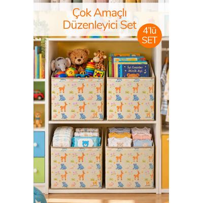 4lü Animals Kapaksız Kutu Oyuncak Çamaşır Saklama Kutusu Dolap İçi Organizer Düzenleyici 30X30X30