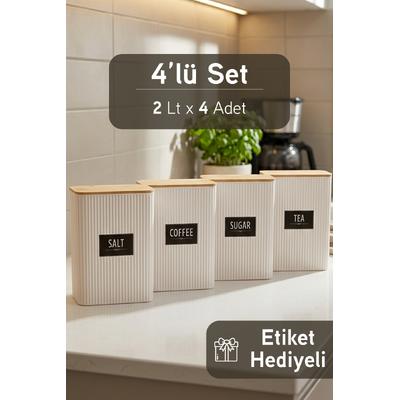 4lü Etiket Hediyeli Bambu Kapaklı Çay Kahve Şeker Tuz Saklama Kabı Erzak Gıda Bakliyat Saklama Kabı