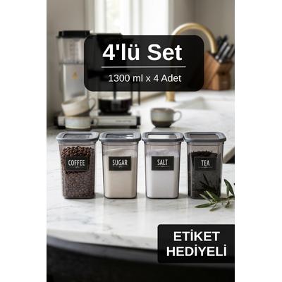 4lü Etiket Hediyeli Silikon Kapaklı 1300 ml Çay Kahve Şeker Tuz Saklama Kabı Erzak Gıda Saklama Kabı