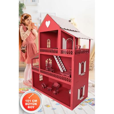 Evmarketi 101 Cm Oyuncaklı Ahşap Çocuk Bebek Oyun Evi Pembe