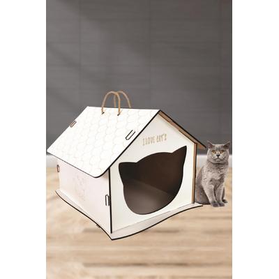 Evmarketi Ahşap Kedi Evi Kolay Taşınabilir Tutacaklı 5 mm Beyaz