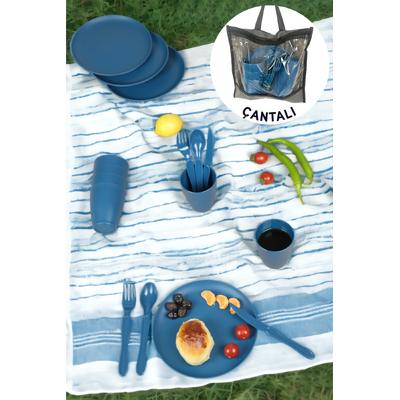 İronika 6 Kişilik 31 Parça Çantalı Kolay Taşınır Piknik Seti Plastik Bardak Çatal Kaşık Bıçak Yemek Kahvaltı Takımı-Lacivert