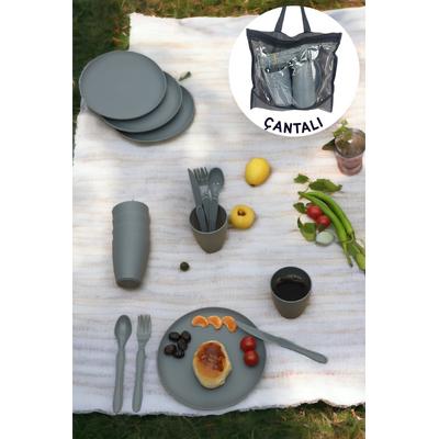 İronika 6 Kişilik 31 Parça Çantalı Kolay Taşınır Piknik Seti Plastik Bardak Çatal Kaşık Bıçak Yemek Kahvaltı Takımı-Gri