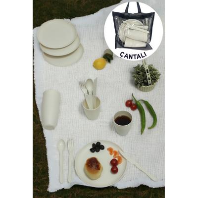 İronika 6 Kişilik 31 Parça Çantalı Kolay Taşınır Piknik Seti Plastik Bardak Çatal Kaşık Bıçak Yemek Kahvaltı Takımı-Krem
