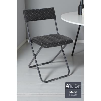 İronika Anatolia Metal Gövdeli Deri Kapitone Sandalye Katlanır Mutfak Bahçe Sandalyesi 4 Adet Siyah