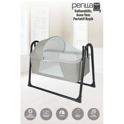 Perilla Prime Sallanır Portatif Cibinlikli Anne Yanı Bebek Beşik Açık Gri