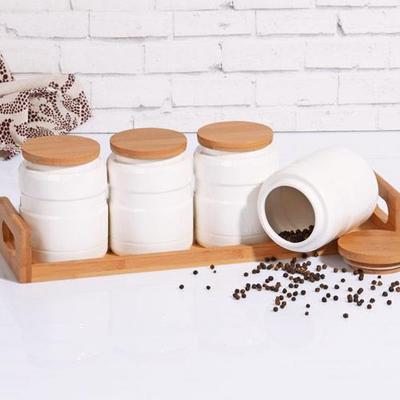 Bambulu Lüks Porselen 4lü Kavanoz Seti