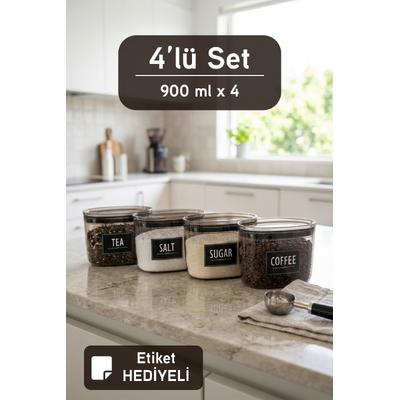 Etiket Hediyeli Vakum Kapaklı Çay Kahve Şeker Tuz Saklama Kabı Çok Amaçlı Saklama Kabı 900 ml 4 Adet