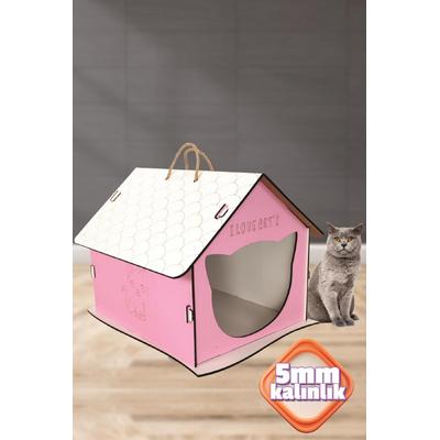 Evmarketi Ahşap Kedi Evi Kolay Taşınabilir Tutacaklı 5 mm Pembe