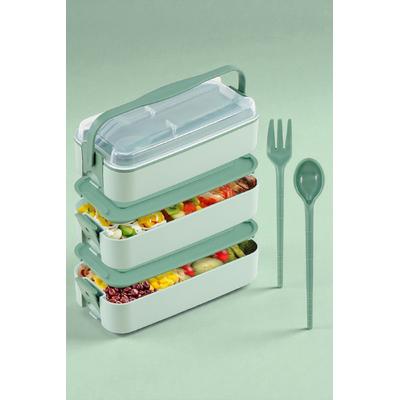 Gondol 1260 ml 3 Katlı Kapaklı Çatal Bıçaklı Beslenme Kutusu Lunch Box Beslenme Kabı - Yeşil