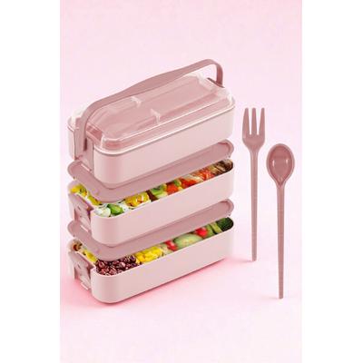 Gondol 1260 ml 3 Katlı Kapaklı Çatal Bıçaklı Beslenme Kutusu Lunch Box Beslenme Kabı - Pembe