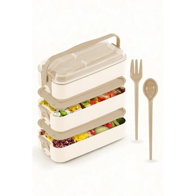 Gondol 1260 ml 3 Katlı Kapaklı Çatal Bıçaklı Beslenme Kutusu Lunch Box Beslenme Kabı - Kahve