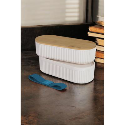 İronika 1000 ml Bambu Kapaklı Lunch Box 2 Katlı Bölmeli Yemek Beslenme Kutusu Saklama Kabı Mavi