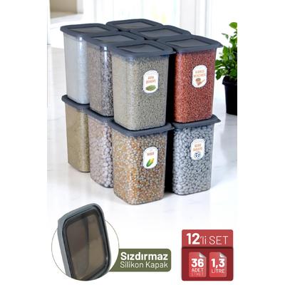 İronika 12li Sızdırmaz Silikon Kapaklı Etiketli 1300 ml Kare Erzak Bakliyat Saklama Kabı Antrasit