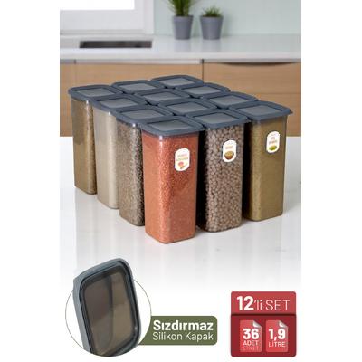 İronika 12li Sızdırmaz Silikon Kapaklı Etiketli Jumbo Boy 1900 ml Kare Erzak Bakliyat Saklama Kabı Antrasit