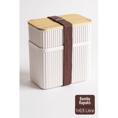 İronika 1+0,5 lt Bambu Kapaklı Erzak Gıda Bakliyat Saklama Kabı Mutfak Organizeri