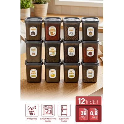 İronika 12li Etiket Hediyeli 800 ml Erzak Baharat Saklama Kabı Seti Antrasit