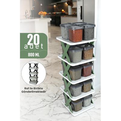İronika 20\\\'li Orijinal Raflı Kapaklı Erzak Bakliyat Baharat Saklama Kabı Kutusu Seti 20x800ML Yeşil