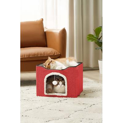 İronika 2 Katlı Teraslı Katlanabilir Ponpon Oyuncaklı Kedi Evi Yatağı Kırmızı