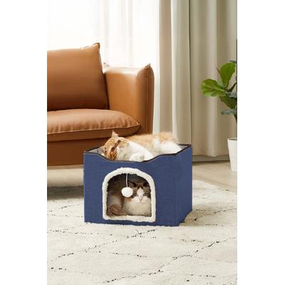 İronika 2 Katlı Teraslı Katlanabilir Ponpon Oyuncaklı Kedi Evi Yatağı Mavi