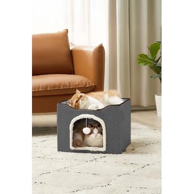 İronika 2 Katlı Teraslı Katlanabilir Ponpon Oyuncaklı Kedi Evi Yatağı Gri
