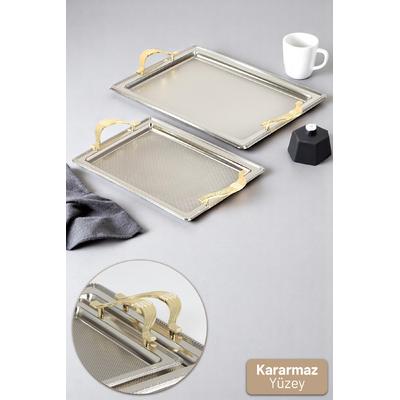Dalgıç 2 li Oval Gold Kulp Kararmaz Çay Kahve Sunum Tepsisi Sarı Kulplu Dekoratif Tepsi