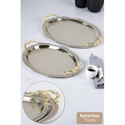 Dalgıç 2 li Oval Gold Kulp Kararmaz Çay Kahve Sunum Tepsisi Sarı Kulplu Dekoratif Tepsi