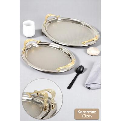 Dalgıç 2 li Oval Gold Kulp Kararmaz Çay Kahve Sunum Tepsisi Sarı Kulplu Dekoratif Tepsi