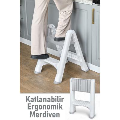 İronika 2 Basamaklı Merdiven Plastik Hafif Mutfak Tezgah Perde Merdiveni - Beyaz
