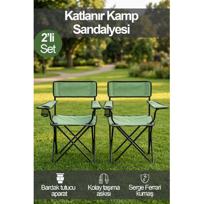İronika 2li Özel Yırtılmaz Serge Ferrari Kumaşlı Katlanabilir Kamp Sandalyesi Rejisör Koltuğu Yeşil