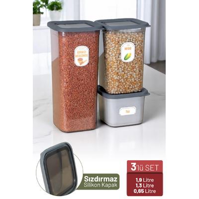 İronika 3lü Sızdırmaz Silikon Kapaklı Etiketli Kare Erzak Bakliyat Saklama Kabı Antrasit 1900-1300-650 ml