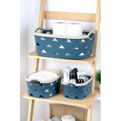 İronika 3 lü Dekoratif Deri Görünüm Dolap İçi Düzenleyici Saklama Kutusu Mutfak Banyo Organizer Sepet Mavi