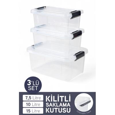 İronika 3lü Saklama Kabı Yatay Dikdörtgen Kilitli Kapaklı Çok Amaçlı Oyuncak Saklama Kutusu 7,5-10-15 Litre