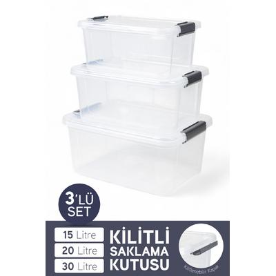 İronika 3lü Saklama Kabı Yatay Dikdörtgen Kilitli Kapaklı Çok Amaçlı Oyuncak Saklama Kutusu 15-20-30 Litre