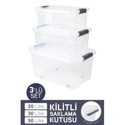 İronika 3lü Tekerli Saklama Kabı Dikdörtgen Kilitli Kapaklı Çok Amaçlı Oyuncak Saklama Kutusu 20-30-50 L